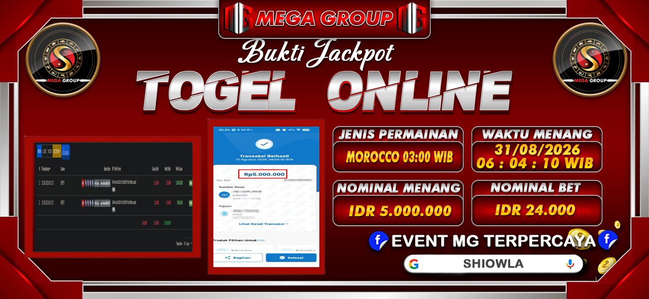 Bukti JP situs Shiowla hari Senin, 31 Agustus 2026