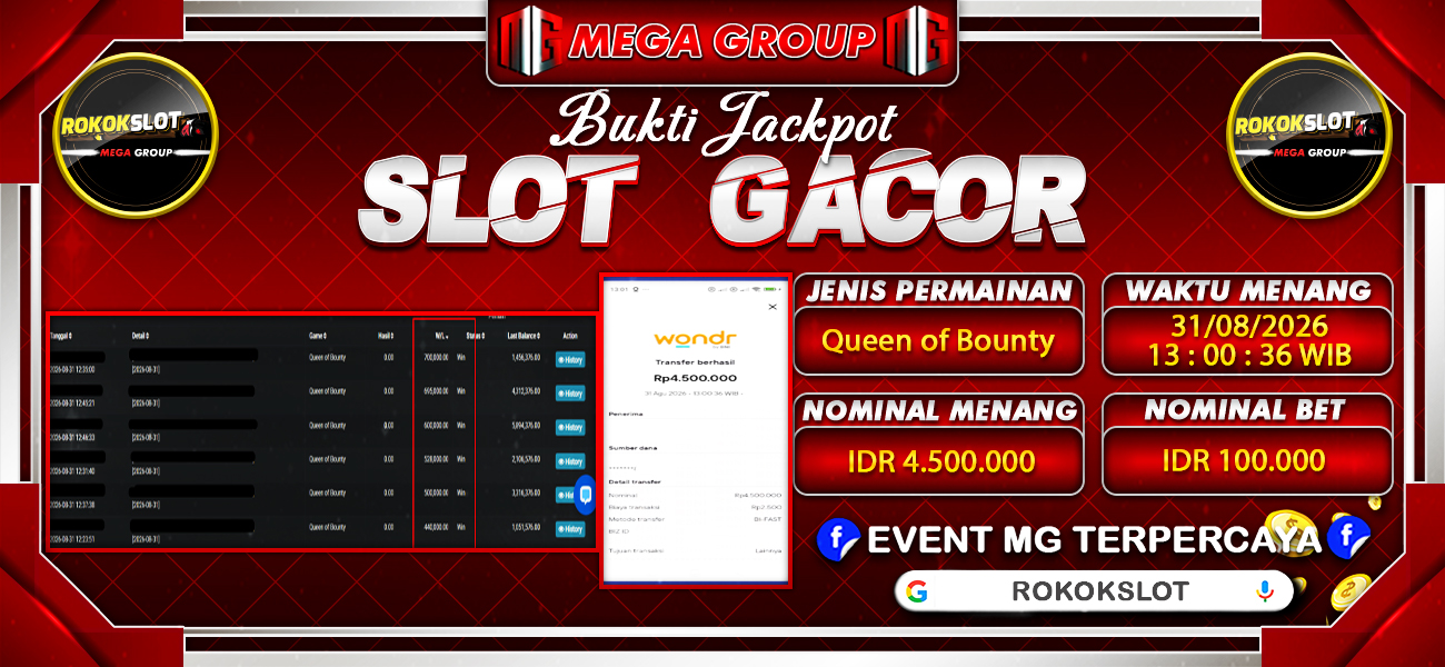 Bukti JP situs Rokokslot hari Senin, 31 Agustus 2026