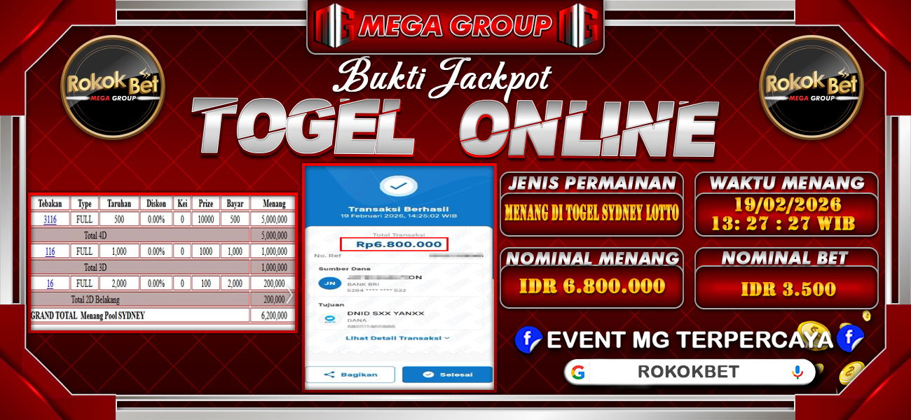 Bukti JP situs Rokokbet hari Kamis, 19 Februari 2026