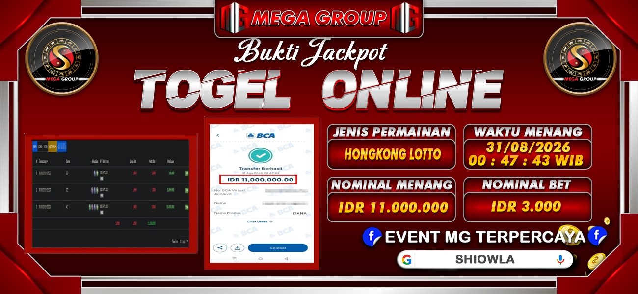 Bukti JP situs Shiowla hari Senin, 31 Agustus 2026
